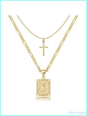 14K Gold Plated Stainless Steel Layered Initial Cross Necklace Figaro Chain